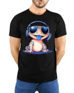 Funny Cool Gecko With Headphones Sunglasses Graphic T Shirt - model wearing black tee with hands behind back
