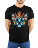 Colorful Tribal Mask Monster Graphic T Shirt Bold Art Tee - model wearing black tee with hands behind back
