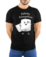 Funny Toilet Paper Assholes Everywhere Meme T Shirt - model wearing black tee with hands behind back