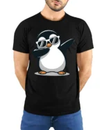 Funny Dabbing Penguin With Sunglasses Cool Graphic T Shirt - model wearing black tee with hands behind back