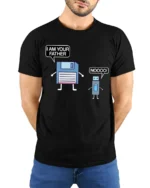 Funny Floppy Disk I Am Your Father Tech Meme T Shirt - model wearing black tee with hands behind back