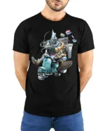 Funny Delivery Lizard Riding Scooter Cartoon Graphic T Shirt - model wearing black tee with hands behind back