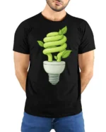 Eco Light Bulb Plant Growth Green Energy Graphic T Shirt - model wearing black tee with hands behind back