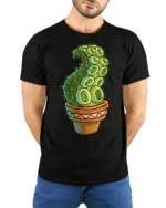 Funny Octopus Tentacle Cactus Plant Cartoon Graphic T Shirt - model wearing black tee with hands behind back