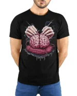 Knitting Brain Graphic T Shirt Dark Artistic Surreal Tee - model wearing black tee with hands behind back