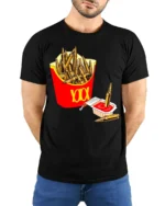 Funny Ammo Fries And Ketchup Graphic T Shirt Dark Humor - model wearing black tee with hands behind back