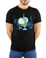 Funny Egg Workout Gym Fail Graphic T Shirt Cartoon Humor - model wearing black tee with hands behind back