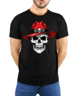 Skull With Red Hat Graphic T Shirt Cool Gothic Style Tee - model wearing black tee with hands behind back