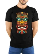 Colorful Tiki Mask Graphic T Shirt Tribal Style Art Tee - model wearing black tee with hands behind back