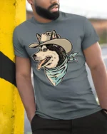 Funny Cowboy Husky Dog Western Style Graphic T Shirt - model wearing grey tee, leaning on column