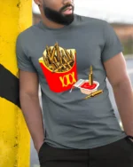 Funny Ammo Fries And Ketchup Graphic T Shirt Dark Humor - model wearing grey tee, leaning on column