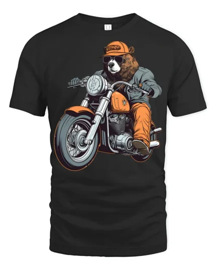 Funny Bear Biker Riding Motorcycle Street Style Graphic Tee - black t-shirt on white background