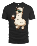 Cute Llama Drinking Coffee Cool Style Cartoon Graphic Tee Shirt - black t-shirt on white background