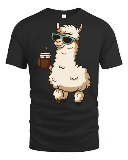 Cute Llama Drinking Coffee Cool Style Cartoon Graphic Tee Shirt - black t-shirt on white background