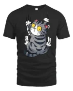 Silly Climbing Cat Wide Eyes Cute Cartoon Graphic Tee Shirt - black t-shirt on white background