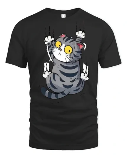Silly Climbing Cat Wide Eyes Cute Cartoon Graphic Tee Shirt - black t-shirt on white background