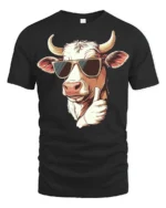 Cool Farm Cow Thumbs Up Cartoon Funny Graphic T Shirt - black t-shirt on white background