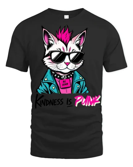 Kindness Is Punk Cool Cat Graphic Tee Shirt With Attitude - black t-shirt on white background