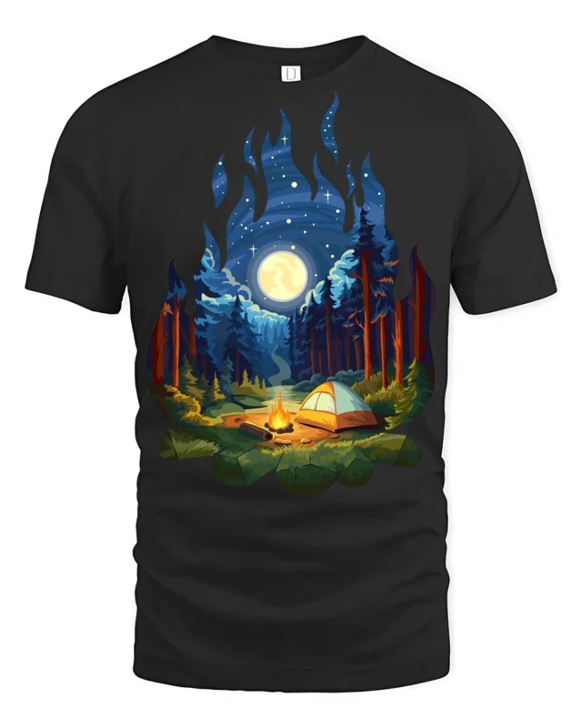 Camping Night Forest Moon Campfire Nature Graphic T Shirt - black t-shirt on white background