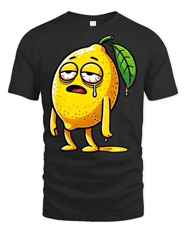 Exhausted Lemon Character Funny Cartoon Graphic Tee Shirt - black t-shirt on white background
