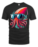 Cool Squid With Sunglasses Neon Ocean Funny Graphic T Shirt - black t-shirt on white background