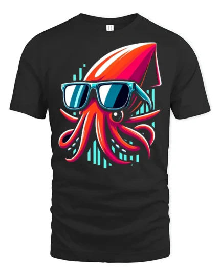 Cool Squid With Sunglasses Neon Ocean Funny Graphic T Shirt - black t-shirt on white background