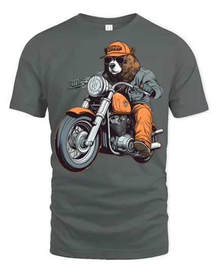 Funny Bear Biker Riding Motorcycle Street Style Graphic Tee - gray t-shirt on white background