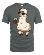 Cute Llama Drinking Coffee Cool Style Cartoon Graphic Tee Shirt - gray t-shirt on white background