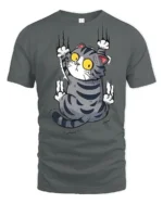 Silly Climbing Cat Wide Eyes Cute Cartoon Graphic Tee Shirt - gray t-shirt on white background