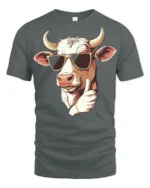 Cool Farm Cow Thumbs Up Cartoon Funny Graphic T Shirt - gray t-shirt on white background