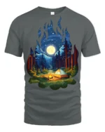 Camping Night Forest Moon Campfire Nature Graphic T Shirt - gray t-shirt on white background