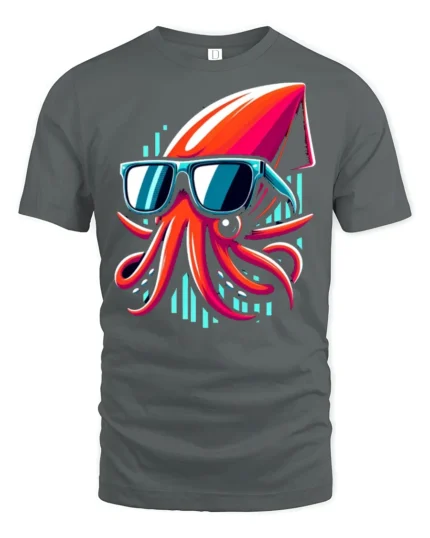 Cool Squid With Sunglasses Neon Ocean Funny Graphic T Shirt - gray t-shirt on white background