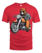 Funny Bear Biker Riding Motorcycle Street Style Graphic Tee - red t-shirt on white background