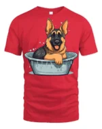 Cute German Shepherd Bath Time Funny Dog Graphic T Shirt - red t-shirt on white background