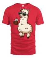 Cute Llama Drinking Coffee Cool Style Cartoon Graphic Tee Shirt - red t-shirt on white background