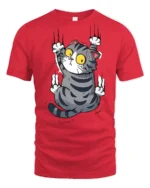 Silly Climbing Cat Wide Eyes Cute Cartoon Graphic Tee Shirt - red t-shirt on white background