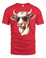 Cool Farm Cow Thumbs Up Cartoon Funny Graphic T Shirt - red t-shirt on white background