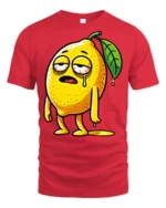 Exhausted Lemon Character Funny Cartoon Graphic Tee Shirt - red t-shirt on white background