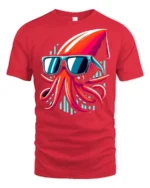 Cool Squid With Sunglasses Neon Ocean Funny Graphic T Shirt - red t-shirt on white background