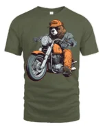 Funny Bear Biker Riding Motorcycle Street Style Graphic Tee - military green t-shirt on white background