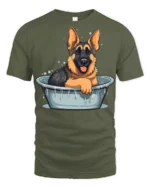 Cute German Shepherd Bath Time Funny Dog Graphic T Shirt - military green t-shirt on white background