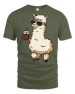 Cute Llama Drinking Coffee Cool Style Cartoon Graphic Tee Shirt - military green t-shirt on white background