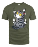 Silly Climbing Cat Wide Eyes Cute Cartoon Graphic Tee Shirt - military green t-shirt on white background