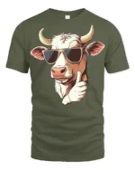 Cool Farm Cow Thumbs Up Cartoon Funny Graphic T Shirt - military green t-shirt on white background