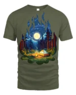 Camping Night Forest Moon Campfire Nature Graphic T Shirt - military green t-shirt on white background