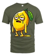 Exhausted Lemon Character Funny Cartoon Graphic Tee Shirt - military green t-shirt on white background