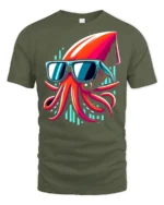 Cool Squid With Sunglasses Neon Ocean Funny Graphic T Shirt - military green t-shirt on white background