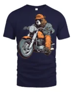 Funny Bear Biker Riding Motorcycle Street Style Graphic Tee - navy t-shirt on white background