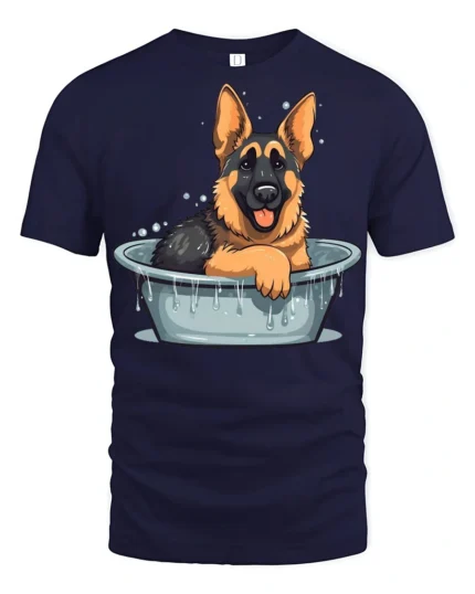 Cute German Shepherd Bath Time Funny Dog Graphic T Shirt - navy t-shirt on white background