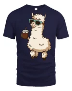Cute Llama Drinking Coffee Cool Style Cartoon Graphic Tee Shirt - navy t-shirt on white background